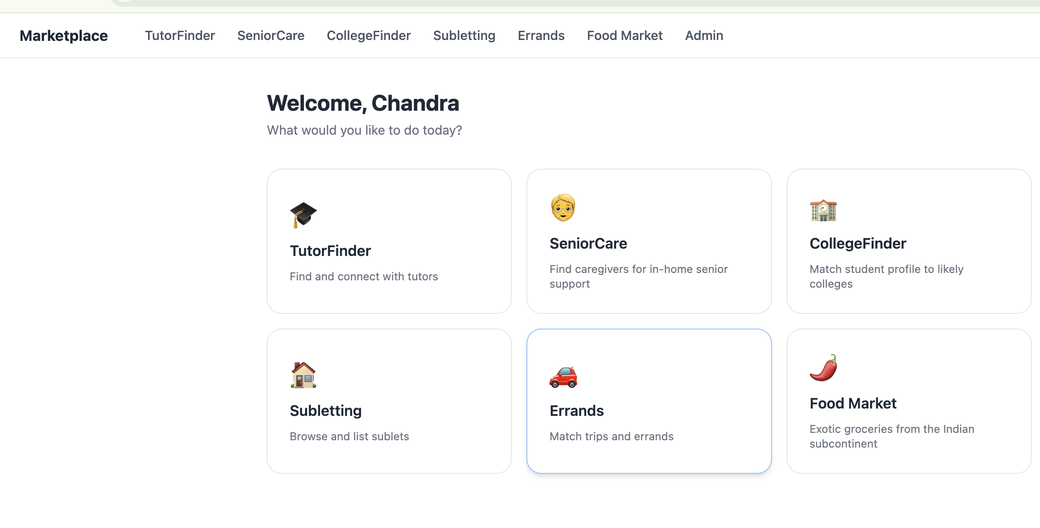 Marketplace administrator dashboard overview with modular application entries.