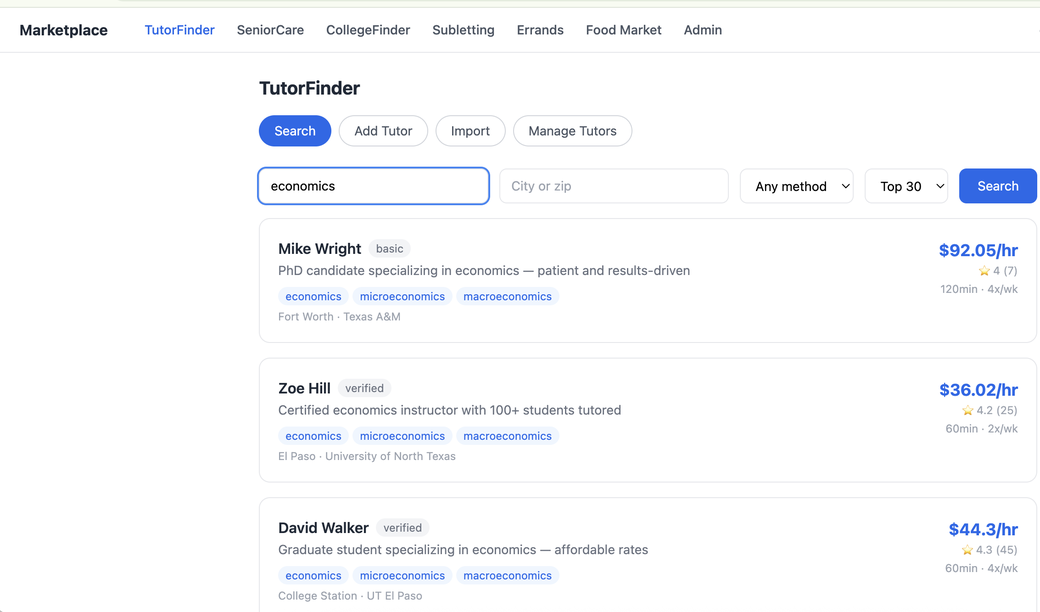 TutorFinder marketplace listing search results and filters inside the platform shell.