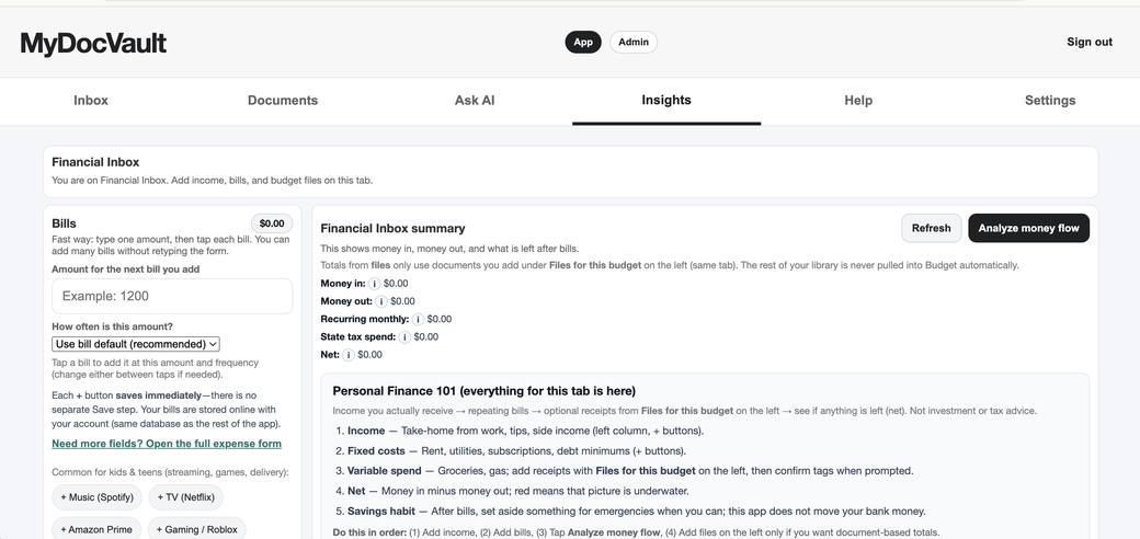 MyDocVault insights view with extraction and risk-oriented workflow cues.